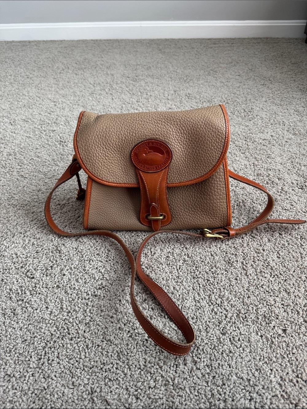 Vintage Dooney & Bourke Taupe Pebbled Leather Crossbody with Brown Trim